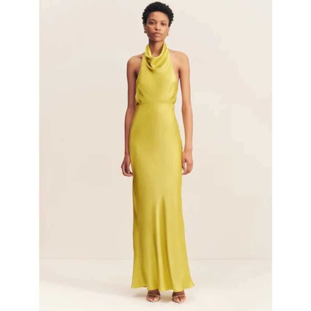 Shona Joy NWT Size 10 Sofia High Cowl Neck Open Back‎ Maxi Dress Gown in Lime
